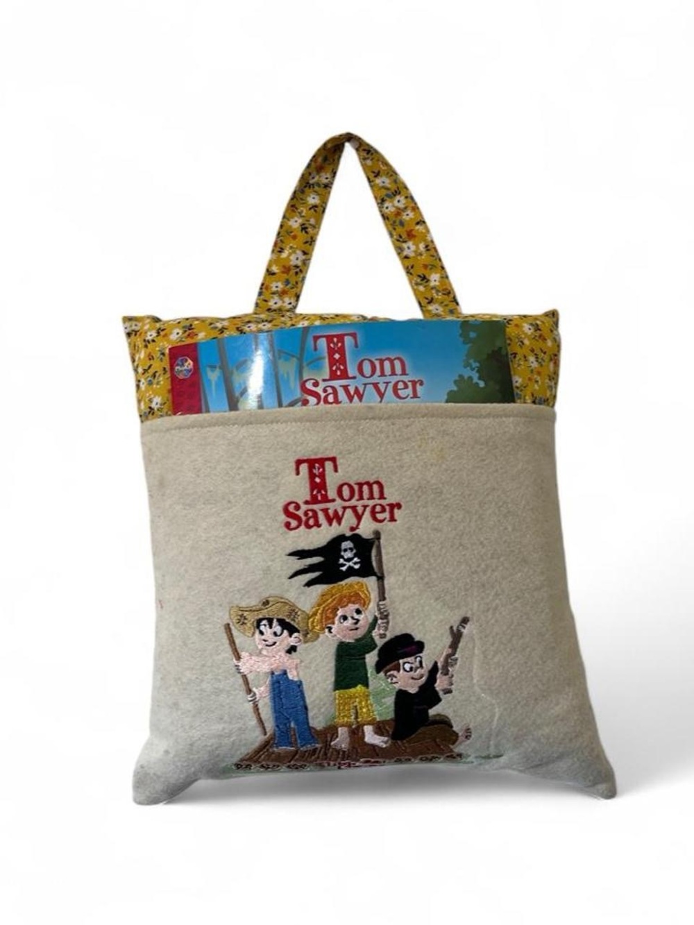 Handmade One of a Kind Customized Tom Sawyer Embroidered Pillow Book Pocket Tote
